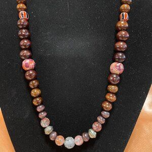 Handmade 18" brown wood and stone beaded necklace.